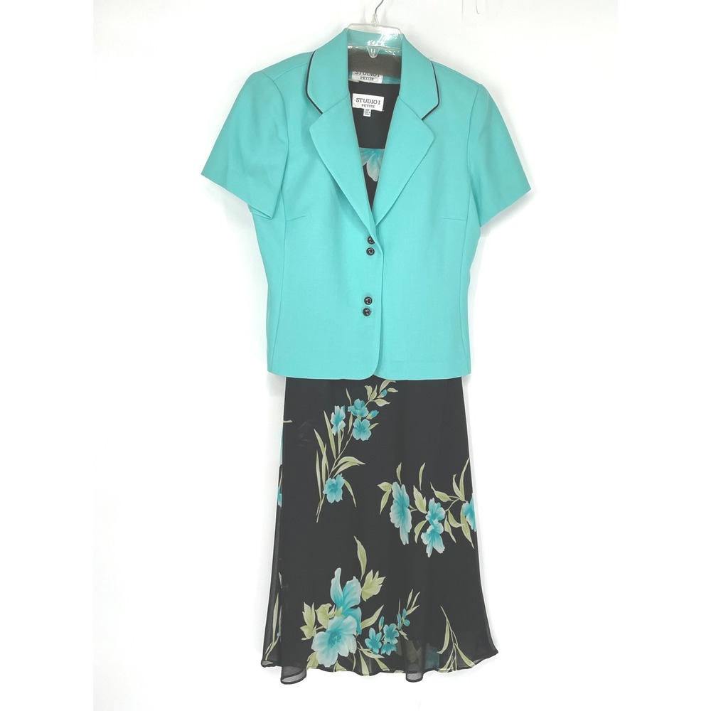 NWT Studio I Women Dress Set 10P‎ 2-Piece Blazer Floral Turquoise Black Petite